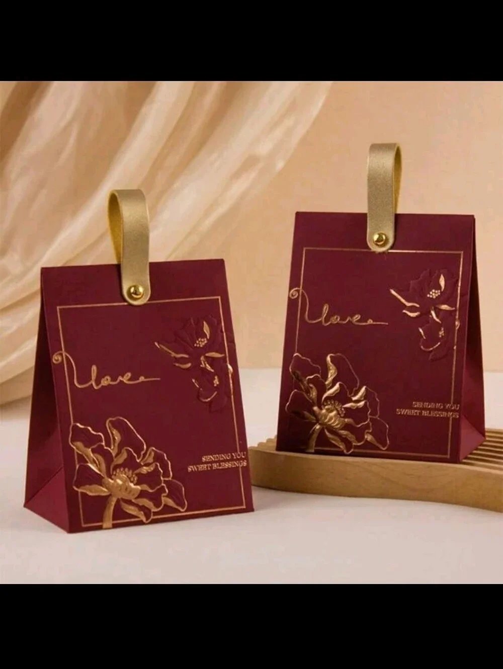 Elegant Burgundy & Gold Floral Gift Bags (50pcs)